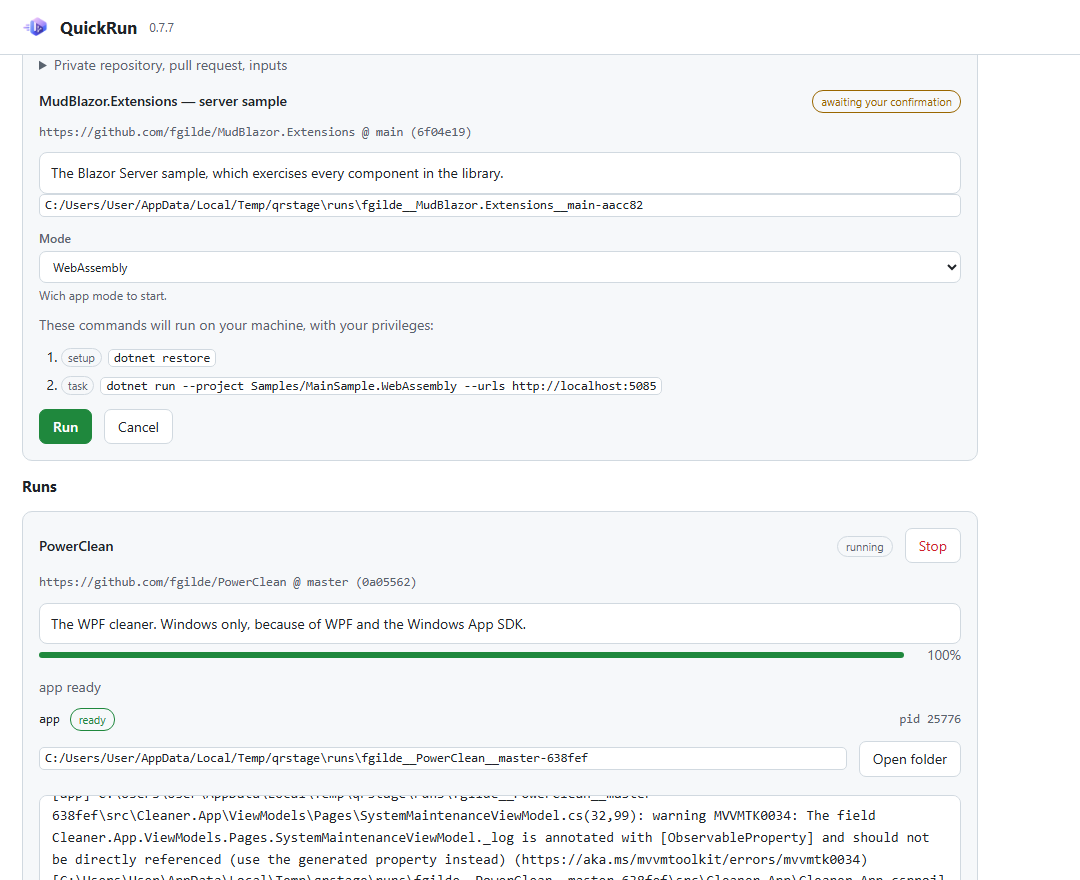 The same config in the local window, with the values it asks for.